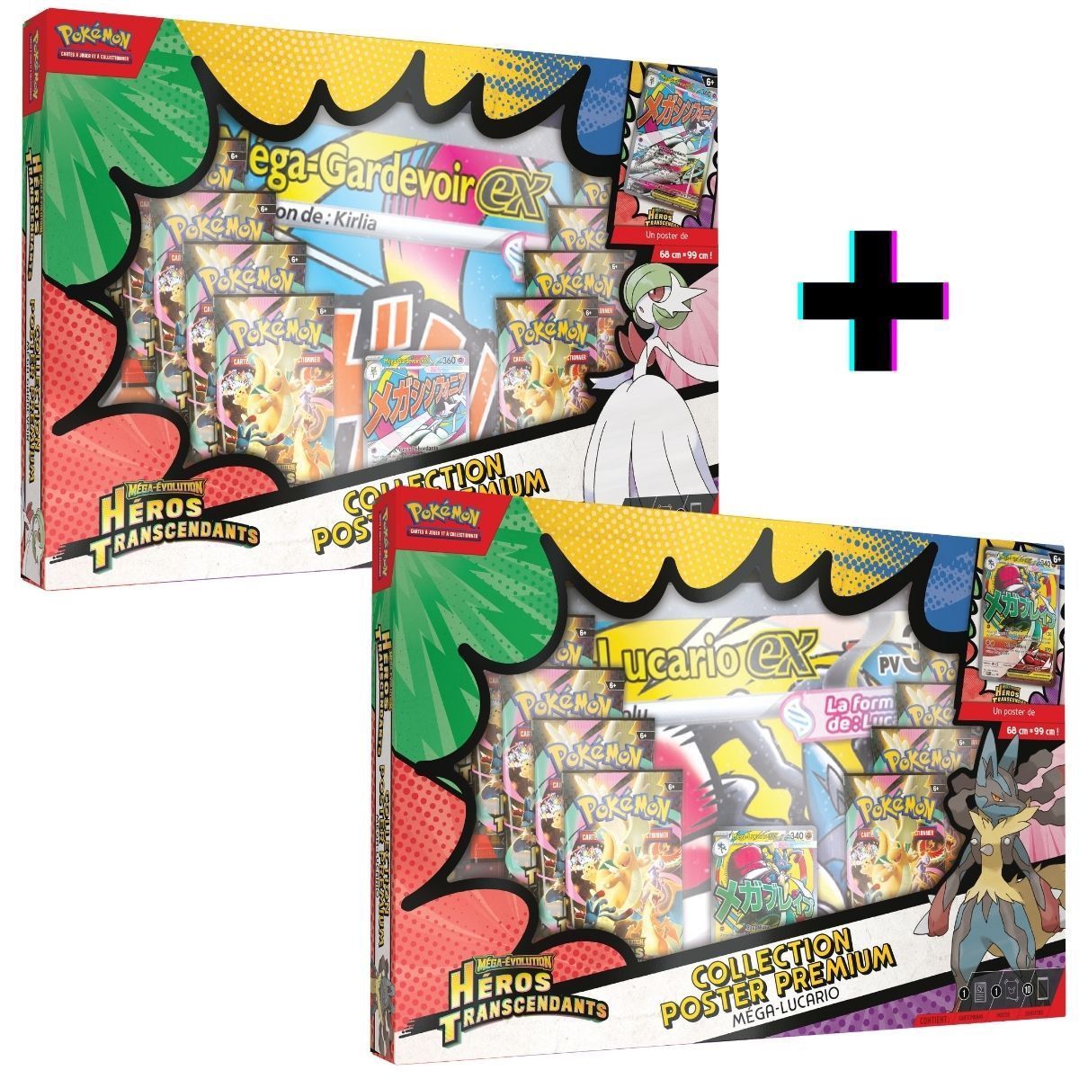 Item Set mit 2 Boxen – Mega-Lucario & Mega-Gardevoir – Transzendente Helden – Premium-Kollektionsposter – FR – Pokémon [ME2.5]